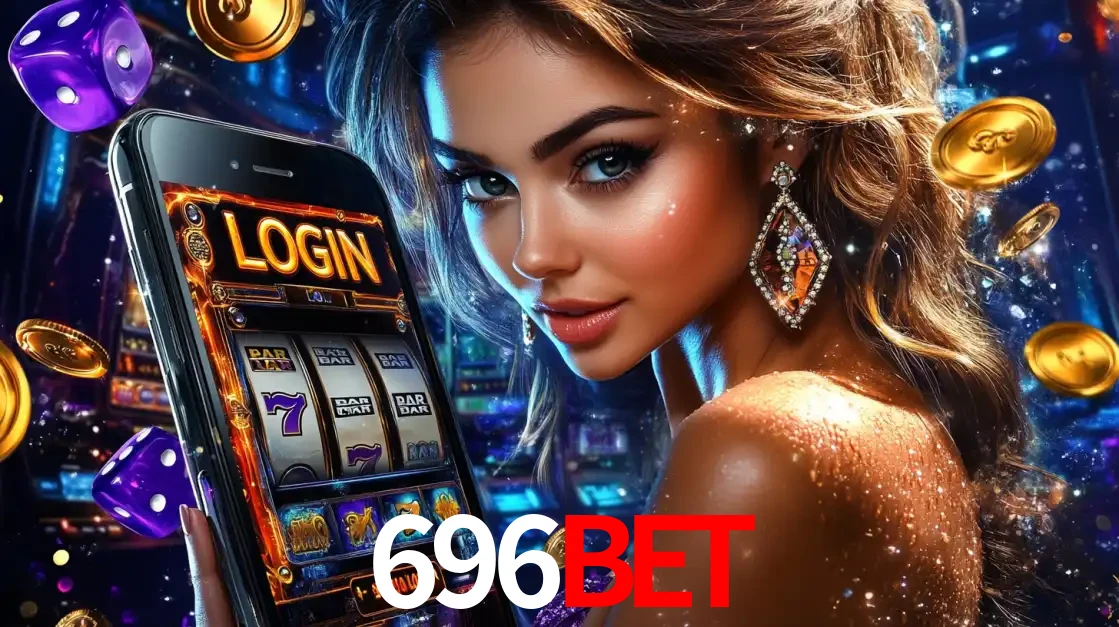 Mulher glamorosa segurando um smartphone com a tela de login para os jogos de caça-níqueis do cassino online 696bet, com moedas de ouro e dados ao redor.
